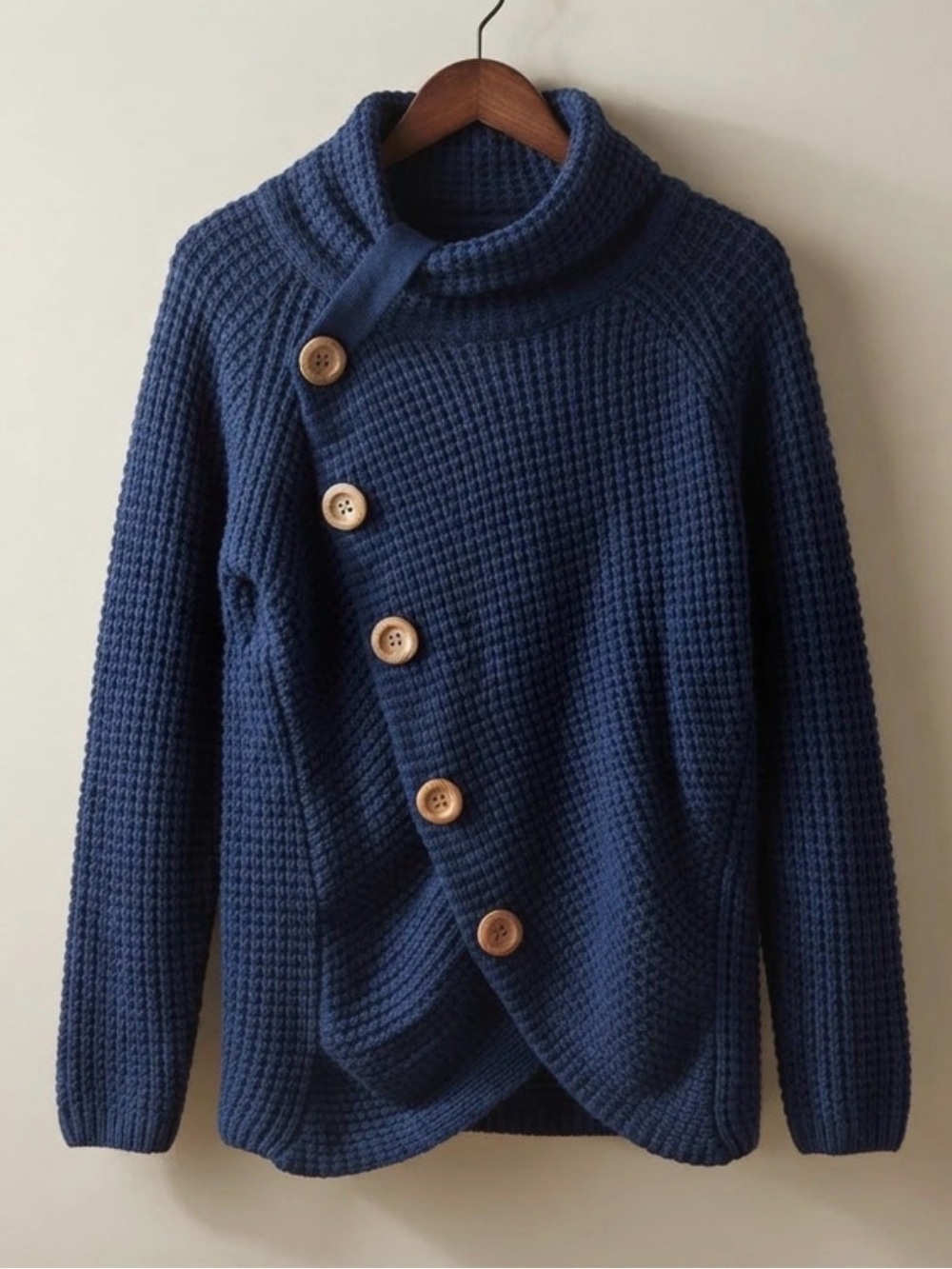 Grecerelle Navy Waffle Knit Asymmetrical Cardigan Cowl Collar Size M